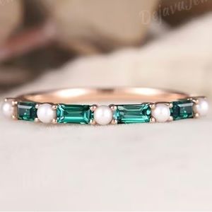 14k gold, emerald and pearl half eternity ring